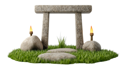 Stone Gateway with Lit Torches and Green Grass