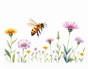 Obraz premium Buzzing Bloom: A honeybee hovers amidst a vibrant array of wildflowers, embodying the essence of nature's delicate beauty, where pollination and the ecosystem's life cycle dance in harmony.