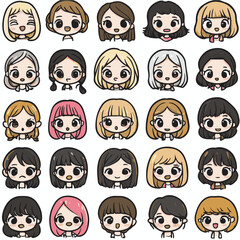 Diverse Collection Of Cute Cartoon Girl Faces With Various Hairstyles And Expressions