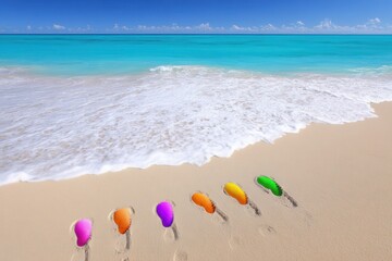 Five vibrant balloons resting on sandy beach under daylight, perfect for summer and celebration themes.