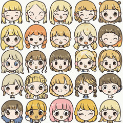 Diverse Collection Of Cartoon Girl Faces With Varied Hairstyles And Expressions