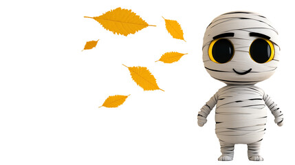 Playful Cartoon Mummy with Falling Autumn Leaves