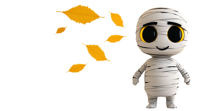 Playful Cartoon Mummy with Falling Autumn Leaves - Powered by Adobe