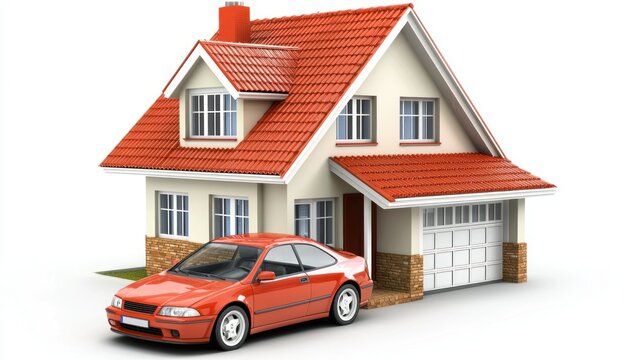 A red car parked in front of a white house with a red roof.