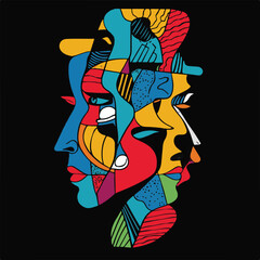 Abstract Faces Portrait Illustration Colorful Modern Art Style On Black Background