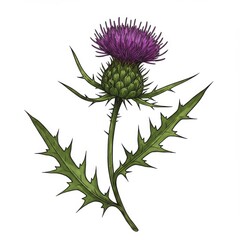 Purple Thistle Flower Illustration with Green Leaves