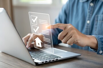 Real estate checklist concept, Businessman organizing real estate tasks on a laptop using a digital checklist, streamlining property management and housing investments with innovative tools.