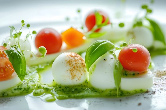 Gourmet plating of deconstructed caprese salad with fresh mozzarella, cherry tomatoes, basil foam, and quail eggs, offering a vibrant culinary experience - Powered by Adobe