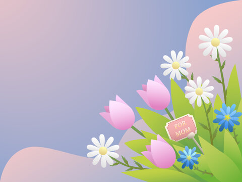 Fototapeta Mother's Day card with tulips. pastel background for inscriptions with a flower bouquet of tulips and daisies for a postcard.