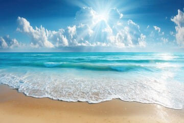 Sunny beach scene with calm water and clear sky, perfect for summer and vacation themes.