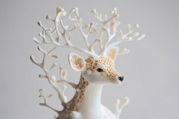 Obraz premium Ceramic cyborg deer figurine featuring intricate branching antlers, blending nature and technology in a whimsical art piece