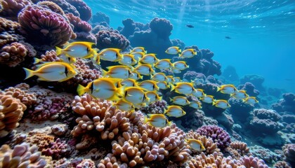 Fototapeta premium Vibrant School of Yellow Fish Swimming Over Colorful Coral Reef in Clear Tropical Ocean Waters