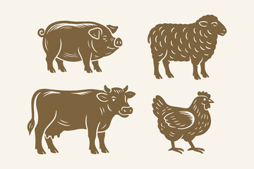 Farm animals pig cow sheep chicken rustic icon set