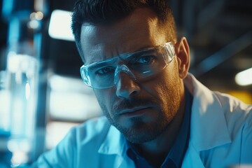 Fototapeta premium Close-up portrait of a focused scientist in a laboratory setting.