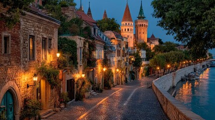 Fototapeta premium Evening cityscape of historic buildings beside water