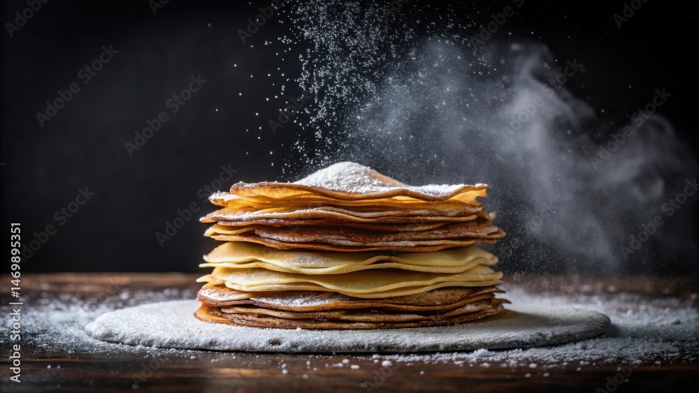 Poster a delectable stack of golden-brown pancakes, generously dusted with powdered sugar, sits on a rustic