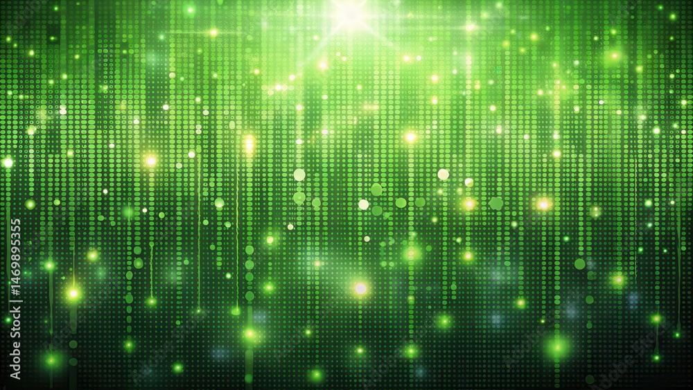 Poster emerald green digital rain abstract background with glowing particles and bright lights