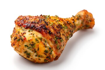 Roasted chicken drumstick with herbs and spices on white background