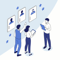 Team reviewing candidates profiles to identify and select the best qualified applicant