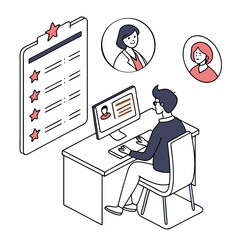 Office worker reviews candidates and makes decisions with checklist and computer