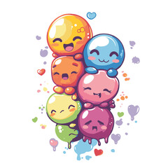 Stacked Colorful Kawaii Character Blobs With Hearts And Emotions Vector Illustration