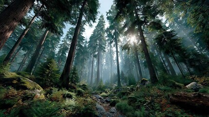 Obraz premium Forest scene sunlight through trees