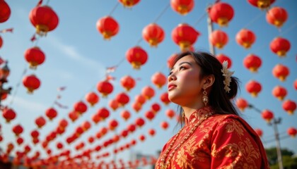 Fototapeta premium Young Woman Wearing Traditional Clothing Surrounded by Bright Red Lanterns in Outdoor Festival