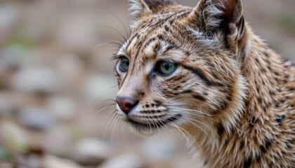 Obraz premium Closeup Portrait of a Spotted Wildcat with Striking Green Eyes in a Natural Habitat