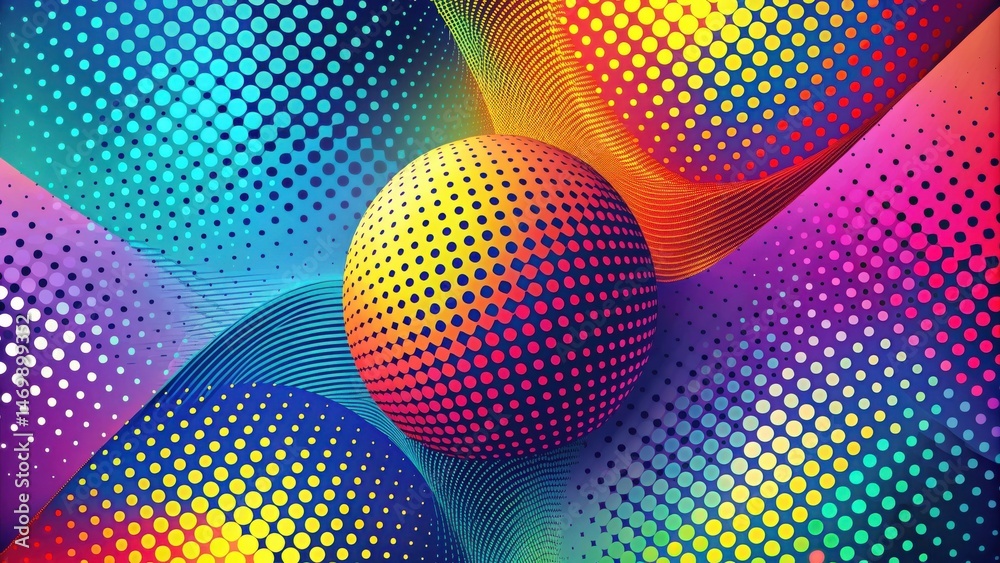 Poster Abstract Vibrant Sphere in a Kaleidoscope of Colorful Halftone Patterns and Dynamic Waves