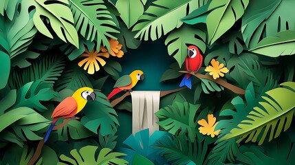 Paper Art Macaws in Tropical Waterfall.