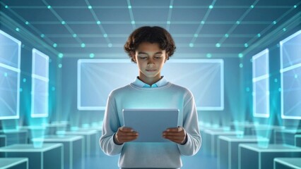 Futuristic student using transparent tablet in virtual classroom A student engages with technology in a modern classroom filled with interactive screens.