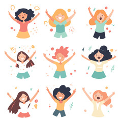 Diverse Group Of Happy Young Women Celebrating With Raised Arms And Confetti Illustration
