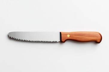 Serrated kitchen knife with wooden handle on white background