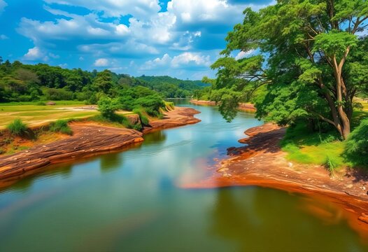The Tshikapa River merging with the Kasai River in Tshikapa, Democratic Republic of Congo,  brown water,   tropical river