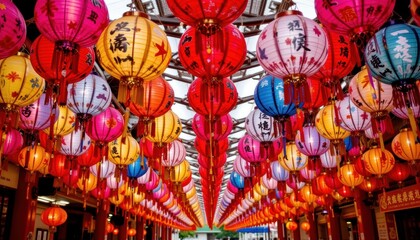 Naklejka premium Colorful Lanterns Illuminating a Festive Street in a Traditional Cultural Celebration