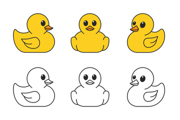Cute Cartoon Rubber Duck Vector Set – flat and Outline Versions