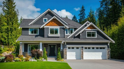 A modern, two-story house with a gray roof and siding, surrounded by lush green trees and a well-maintained lawn.