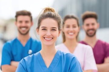 Obraz premium Smiling nurse in blue scrubs stands confidently in front of diverse healthcare team, showcasing teamwork and professionalism in a clinical environment with bright natural lighting