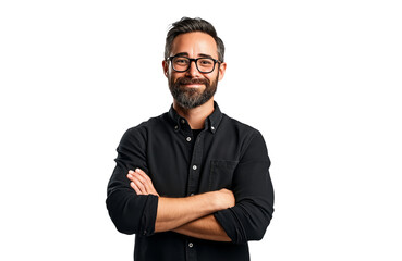 Casual man smiling with arms crossed and wearing glasses, isolated on white background