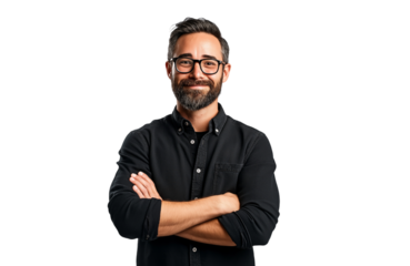Casual man smiling with arms crossed and wearing glasses, isolated on white background