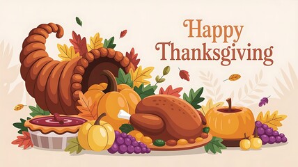Festive Thanksgiving Feast Illustration featuring a Roasted Turkey, Pumpkins, Cornucopia, and Autumn Leaves perfect for Holiday Greetings