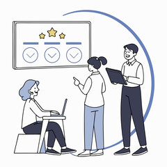 Business team collaboration and achievement illustration with checklist and star ratings