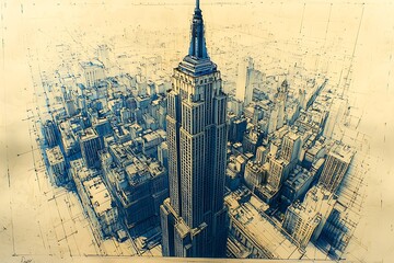 Modern architectural diagram showing tall urban structure and surrounding downtown area top view high resolution photo