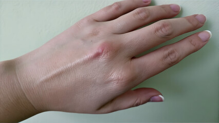 Naklejka premium bee sting on swollen hand. Human hand displaying a slight injury on a plain background 