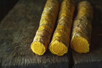Three turmeric rhizomes are arranged vertically on a rough, dark wooden surface. The cut ends reveal a vibrant yellow interior.