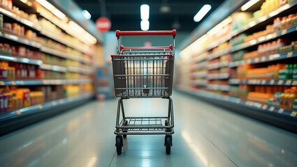 A clean, bright supermarket aisle with cream-colored floors. Tall shelves are filled with a variety of products. A silver shopping basket with a red handle sits in the middle, ready to be filled.