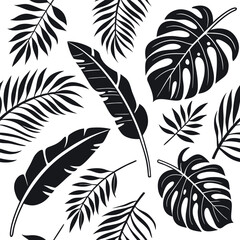 Obraz premium Black and White Tropical Leaf Silhouette Seamless Pattern Vector