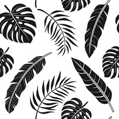 Obraz premium Black and White Tropical Leaf Silhouette Seamless Pattern Vector