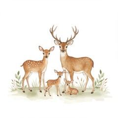 Obraz premium Watercolor Illustration of a Deer Family in a Meadow