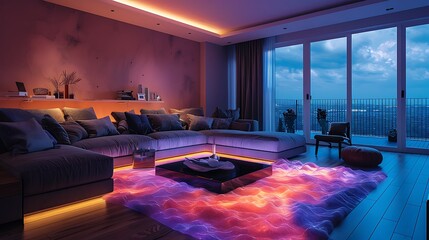 Open concept apartment interior design with vibrant atmosphere and panoramic views high resolution photo